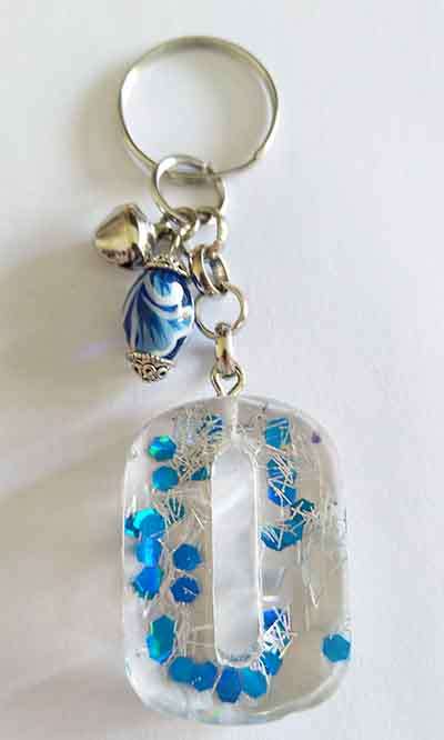 Personal Keyring, Blue And Silver Letter `O`, 40mm x ±9mm, Resin Product, Handmade, Unique