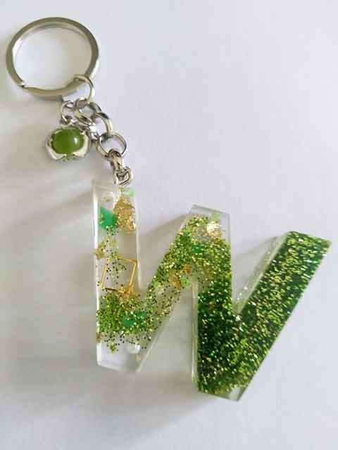 Personal Keyring, Letter `W`, Green And Gold, Size 40mm x ±9mm, Resin Product, Handmade, Unique