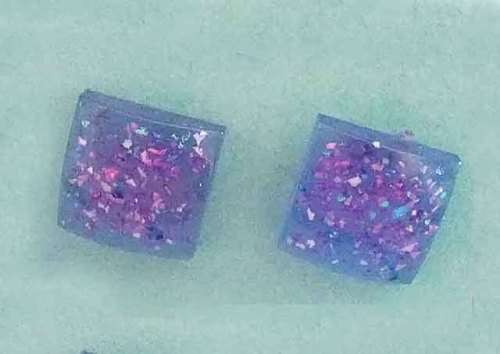 Earrings, Square, Purple, Stud, 10mm Diameter, Handmade Resin Product, Unique