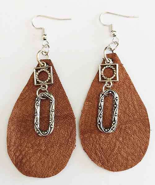 Earrings, Brown Leather + Nickel Findings And Ear Hooks, 85mm, Handmade Leather Product, Unique, 2pc