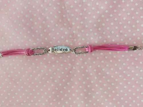Mistique Bracelet, Pink Faux Leather With Word `Believe` As Centerpiece, Lobster Clasp, 19.5cm + 5cm