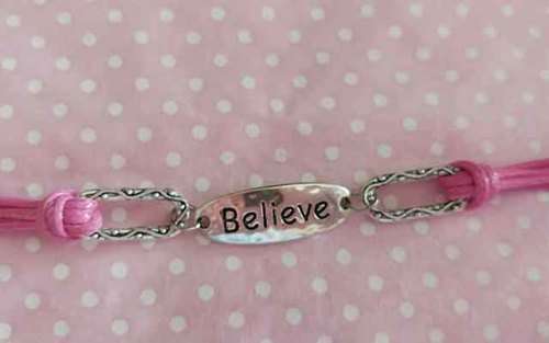 Mistique Bracelet, Pink Faux Leather With Word `Believe` As Centerpiece, Lobster Clasp, 19.5cm + 5cm