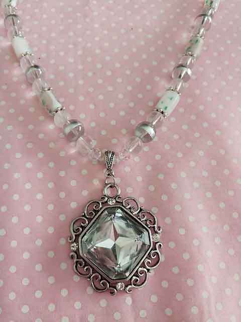 Riza Necklace, White + Clear Beads + Clear Rhinestone Pendant, Lobster Clasp, 44cm + 5cm