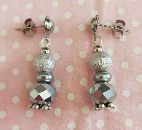 Perrine Earrings, Silver Grey Glass Pearls + Silver Grey Crystal Beads, Nickel Ear Studs, 35mm, 2pc