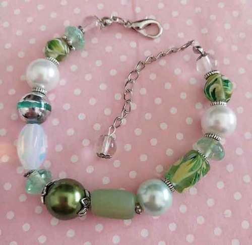 Perrine Bracelets, Green+White Glass Pearls+Green Indian Moonstone Beads, Lobster Clasp, 20cm + 5cm