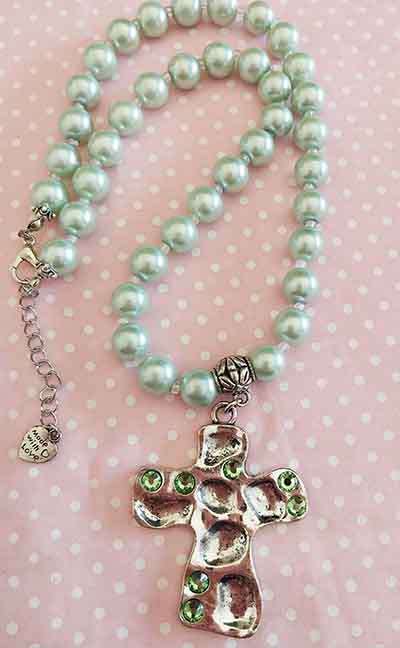Perrine Necklace, Green Glass Pearls+Cross Pendant+Green Rhinestones, Lobster Clasp, 48cm+5cm