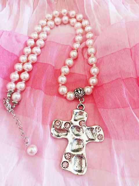 Perrine Necklace, Pink Glass Pearls+Cross Pendant+Pink Rhinestones, Lobster Clasp, 46cm+5cm