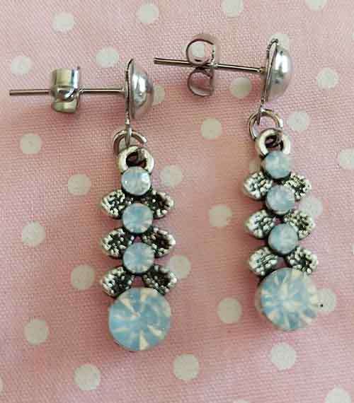 Riza Earrings, White Rhinestones, Nickel Findings + Ear Studs, 30mm, 2pc