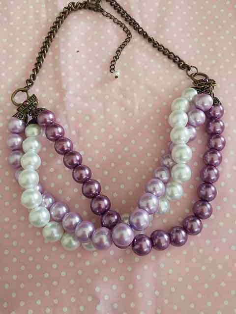Perrine Necklace, White, Lilac+Purple Glass Pearls, Bronze Findings, Lobster Clasp, 52cm+5cm, 1pc