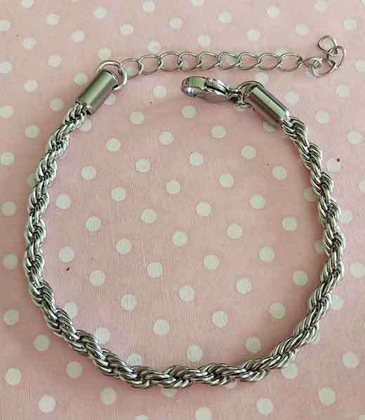 Bracelet, Rope Chain, Stainless Steel, 4mm Thickness, Lobster Clasp, 16.5cm+5cm, 1pc