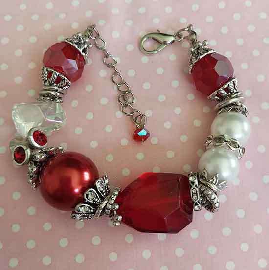 Bracelet, White+Red Glass Pearls+Clear+Red Crystal Beads, Nickel Findings, Lobster Clasp, 19cm+5cm