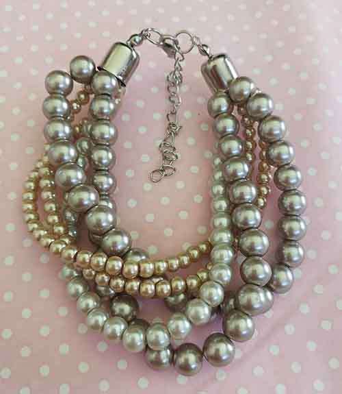 Bracelet, Shades Of Brown Glass Pearls, 5 Strands, Nickel Findings, Lobster Clasp, 21cm+5cm