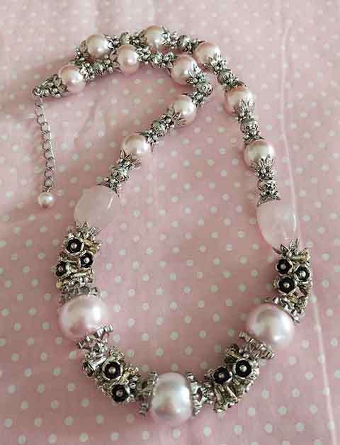 Necklace, Pink Glass Pearls+Pink Rose Quartz Beads, Nickel Findings, Lobster Clasp, 46cm+5cm