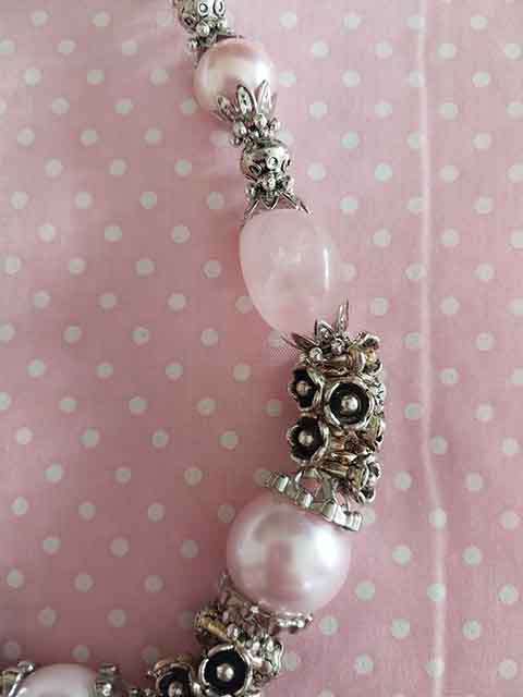 Necklace, Pink Glass Pearls+Pink Rose Quartz Beads, Nickel Findings, Lobster Clasp, 46cm+5cm