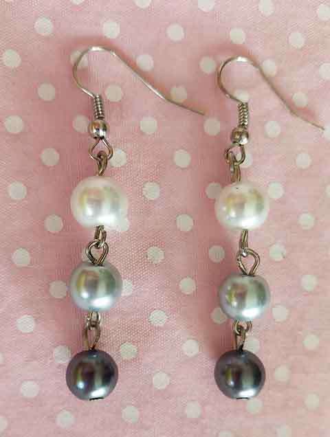 Earrings, Shades Of Grey+White Glass Pearls, Nickel Findings+Ear Hooks, 50mm, 2pc
