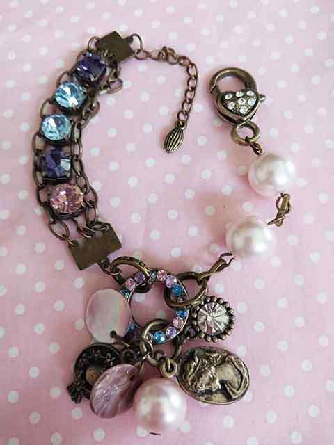 Bracelet, Pink Glass Pearls+Blue+Purple Rhinestones, Bronze Findings, Lobster Clasp, 19cm + 5cm, 1pc
