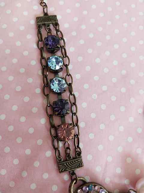 Bracelet, Pink Glass Pearls+Blue+Purple Rhinestones, Bronze Findings, Lobster Clasp, 19cm + 5cm, 1pc