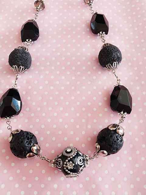 Burtell Necklace, Black Lava+Crystal+Egyptian Beads, Nickel Findings, Lobster Clasp, 46cm+5cm