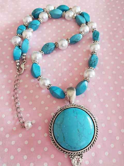 White Glass Pearls+Turquoise Semi-Precious+Turquois Pendant Nickel Findings, Lobster Clasp, 44cm+5cm
