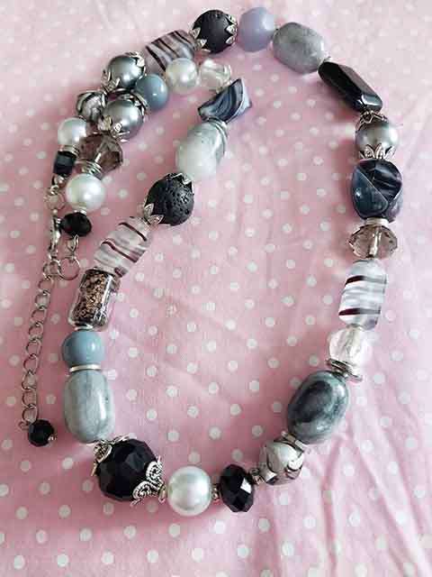 Necklace, Dark Grey Glass Pearls+Glass Beads+Semi-Precious, Nickel Findings, Lobster Clasp, 46cm+5cm