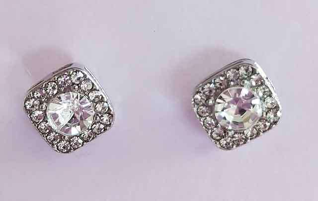 Riza Earrings, Clear Rhinestones Studs, Nickel, 9mm Diameter, 2pc