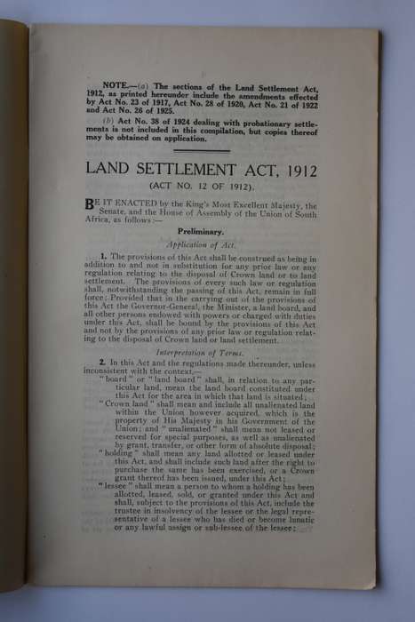 Union of South Africa Land Settlement Act 1912