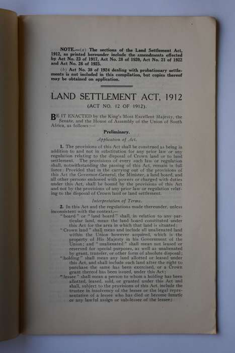Union of South Africa Land Settlement Act 1912