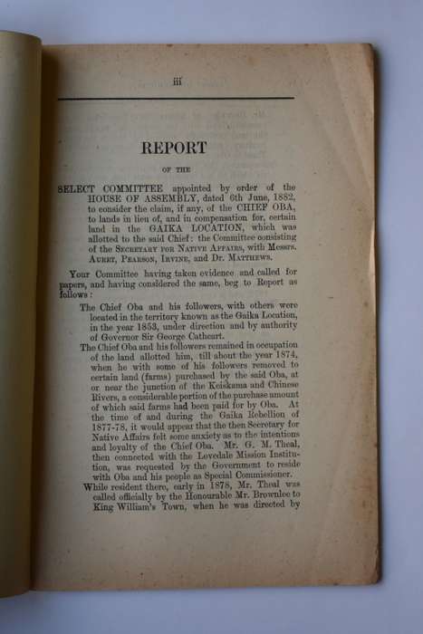 Report of the Select Committee on the Claim of Chief Oba.