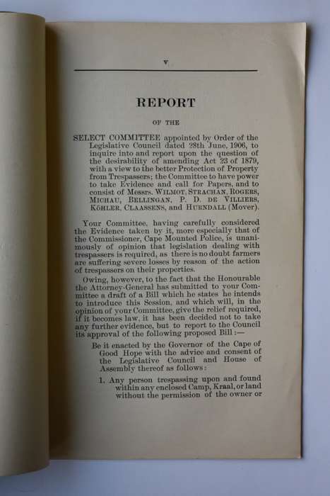 Report of the Select Committee on the Trespass Act.