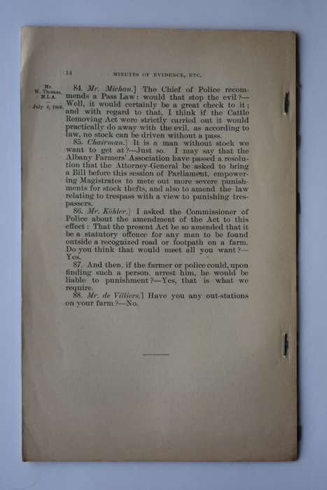 Report of the Select Committee on the Trespass Act.