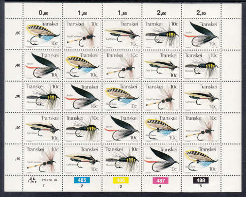 TRANSKEI SACC 99-103: 6.1.1982: FISHING FLIES (3RD ISSUE) FULL SHEET OF 25. U/MINT (**)