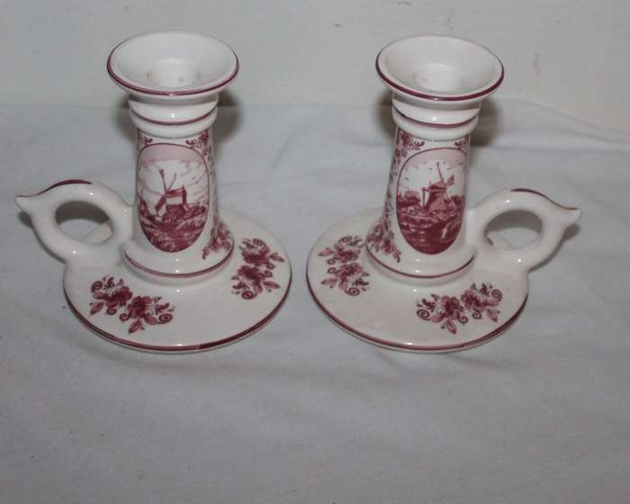 2 Pink Delft Candle holders