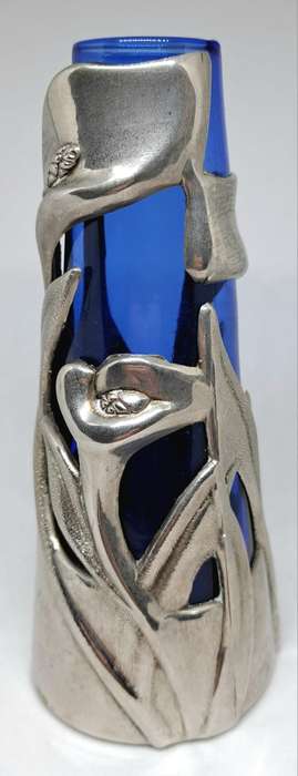 Vintage Cobalt Glass Vase in a Silver Pewter Calla Lily Flower Sleeve 14cm