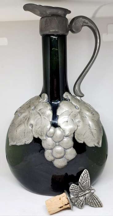 1920's Art Nouveau Green Glass Bottle With Pewter Overlay Decoration & Butterfly Stopper - 27cm