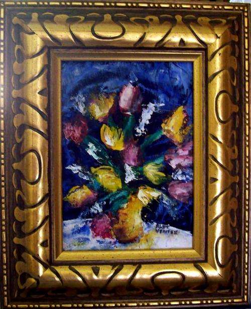 Flowers in vase, 18 x 13.5 Framed  acrylic on board - by Alet Venter