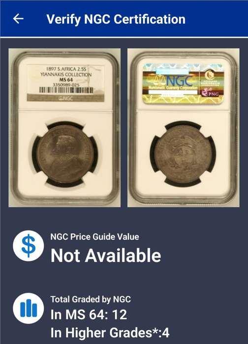 *1897 ZAR Kruger Halfcrown 2/6 NGC Graded MS64