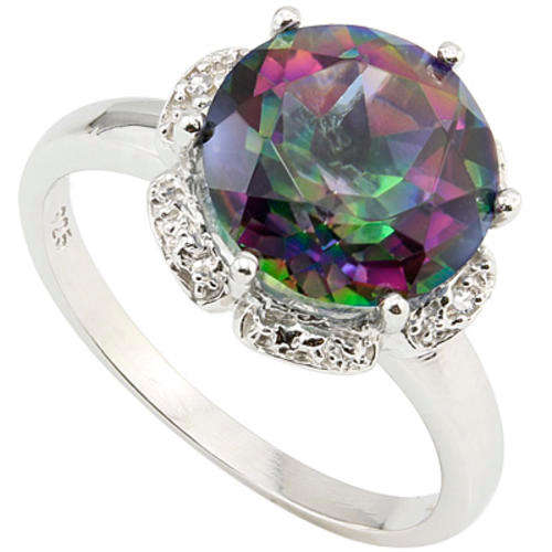 STUNNING 3.40 CT MYSTIC TOPAZ & 2 PCS WHITE DIAMOND 0.925 STERLING SILVER W/ PLATINUM RING