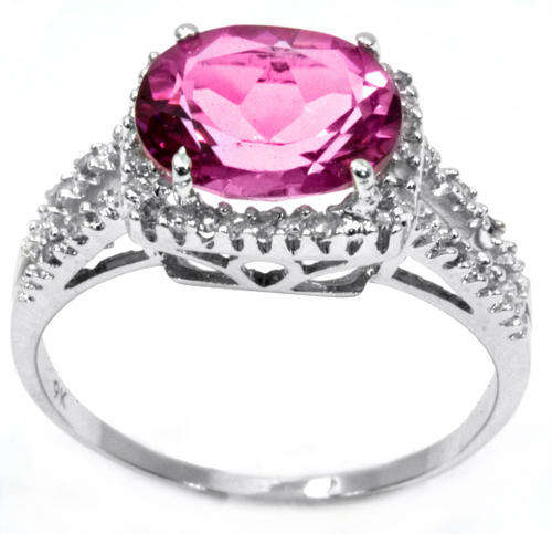 FINE SOLID 9KT WHITE GOLD 2.82CT PINK TOPAZ & DIAMOND RING
