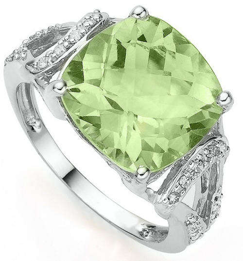 SOLID 9KT WHITE GOLD GENUINE GREEN AMETHYST AND DIAMOND RING