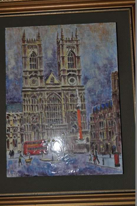 FANTASTIC PAINTING ON METAL,LONDON SCENE,ENNAMELED,SIGNED