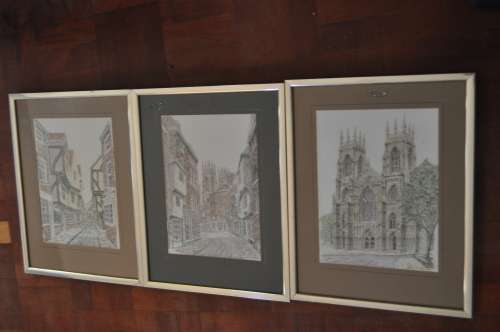 COLLECTION OF 3 MIXED MEDIA,TOWN SCENES,SIGNED BY ARTIST