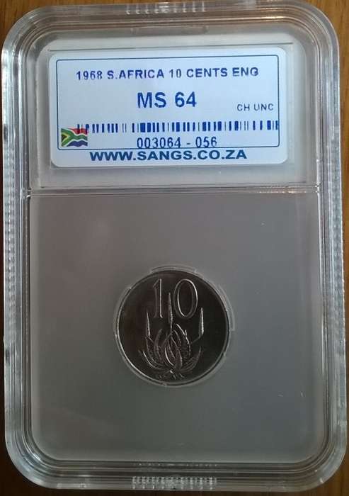 1968 RSA ENGLISH 10 CENT SANGS SLABBED MS 64