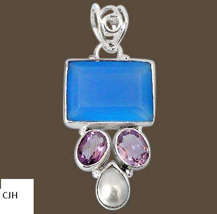 BLUE CHALCEDONY PEARL AMETHYST .925 STERLING SILVER PENDANT