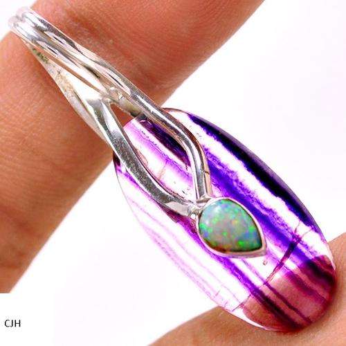 MULTI FLUORITE & FIRE OPAL .925 STERLING SILVER PENDANT