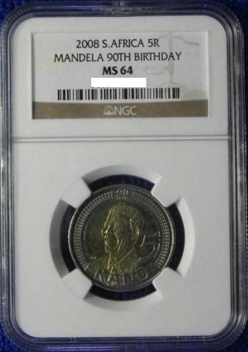 2008 NELSON MANDELA 90TH BIRTHDAY R5 NGC GRADED MS64. SCARCE GRADE!-BID PER COIN