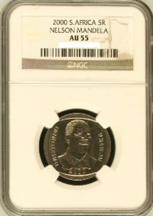 2000 RSA NGC GRADED NELSON MANDELA R5 COIN-SMILEY ***AU55***