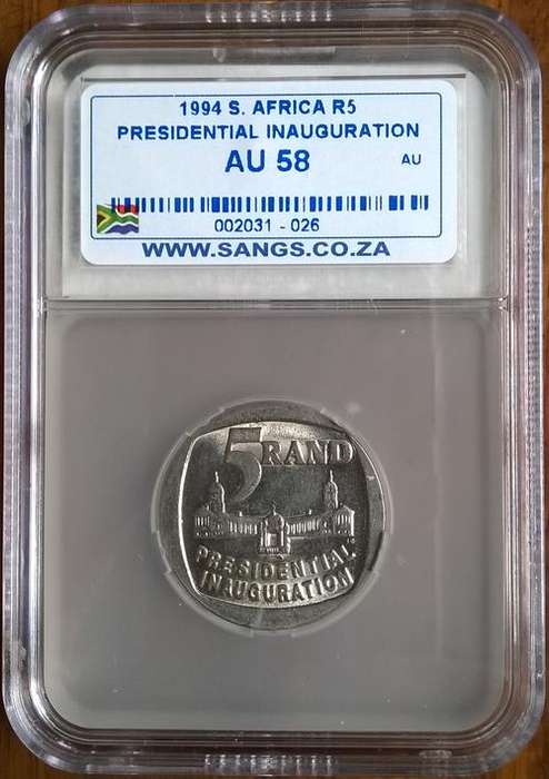 1994 Presidential Inauguration R5 Coin Sangs Graded AU 58