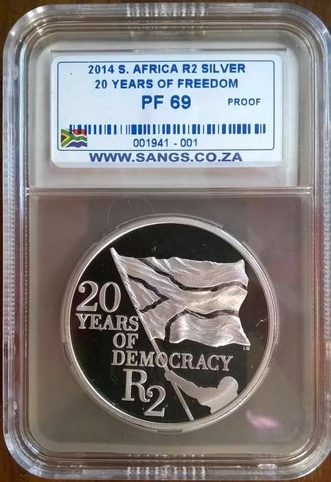 2014 SA 20 Years of Democracy R2 Sterling Silver Crown SANGS Graded Proof 69