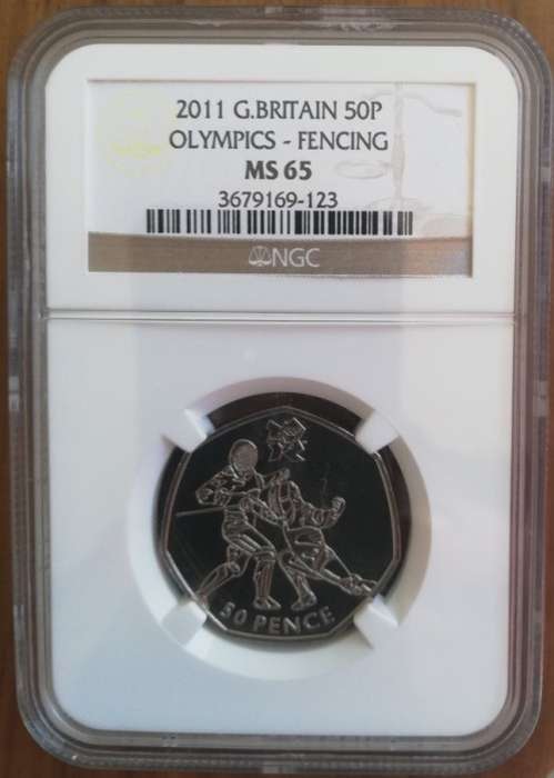 G.BRITAIN 2011 50P  OLYMPICS FENCING NGC GRADED MS65