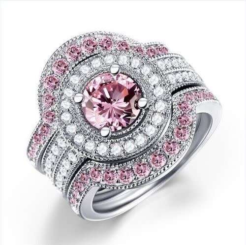 Exquisite Pink 3 Piece Wedding Ring Set - Size 6